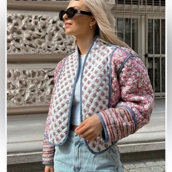 Jackets & Blazers - Boho Pink, White, Blue Quilted Reversible Jacket with Pockets
